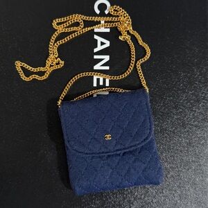 Auth Rare Chanel 90s micro flap Bag Navy  Quilted Bag Gold Chain collectable